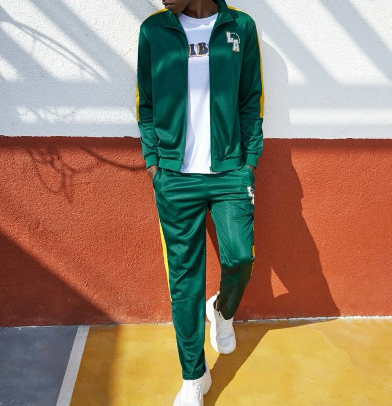 Men letter graphic contrast side seam zipper sports set