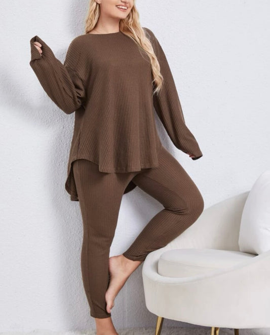 Plus waffle knit drop shoulder high low hem pj set