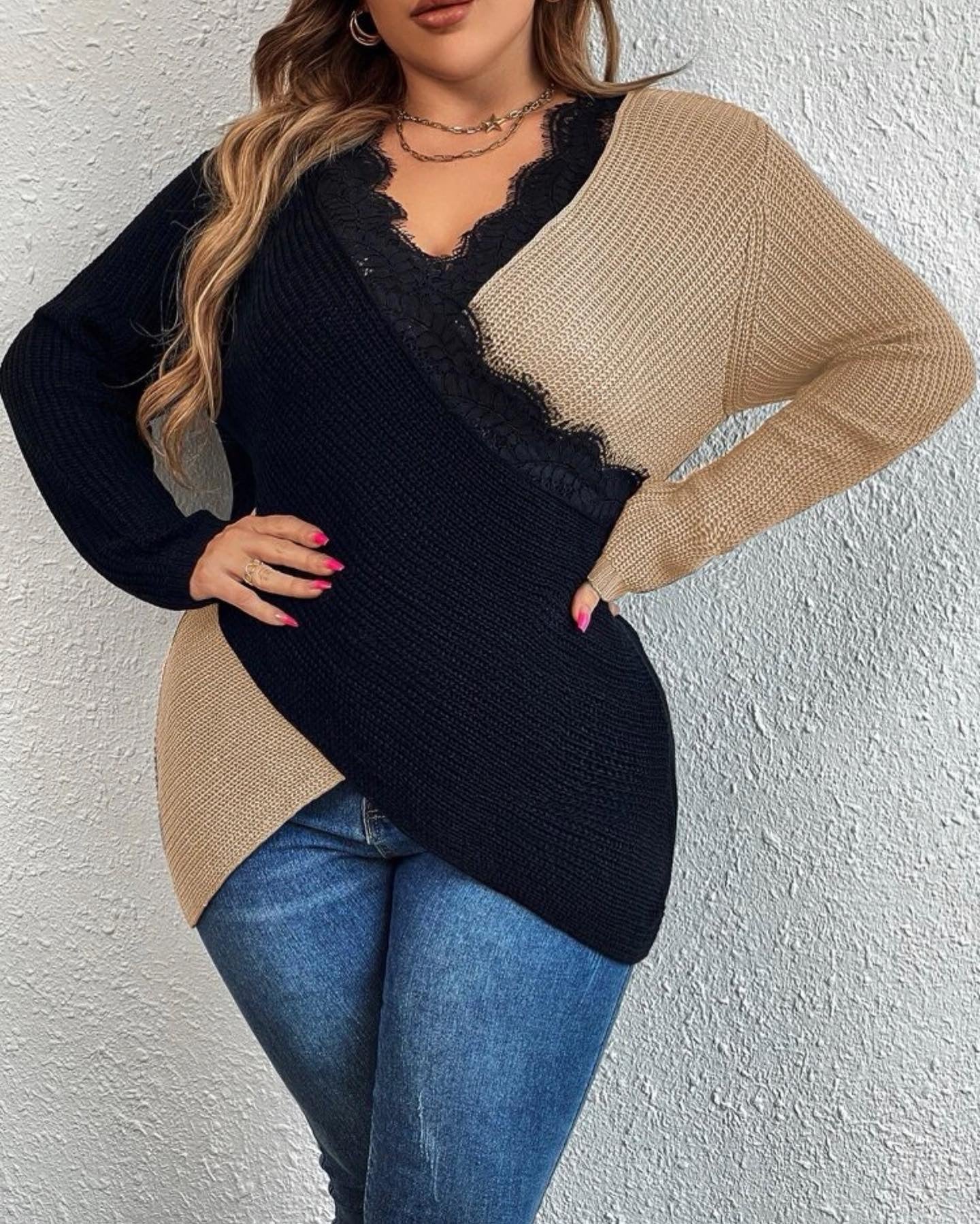 Curve & plus two tone eyelash lace panel drop shoulder crossover sweater