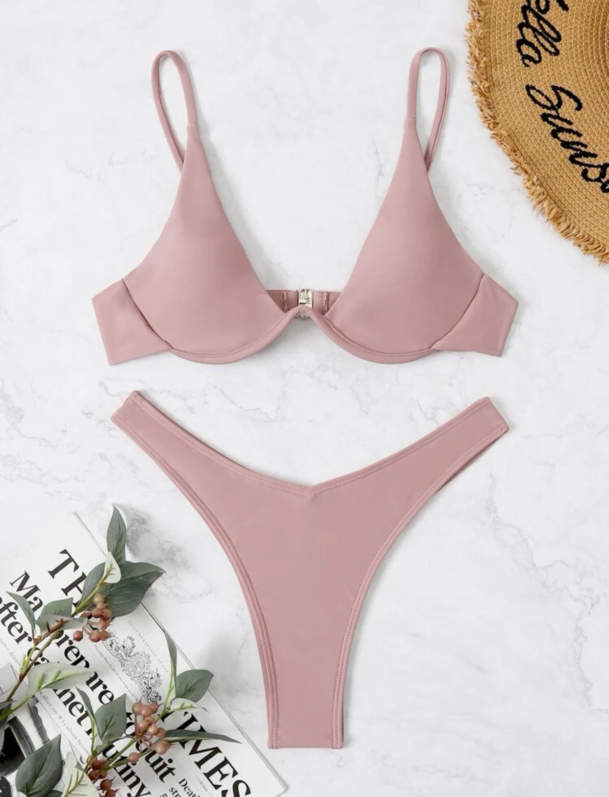 Dusty pink solid underwire high cut bikini swimsuit