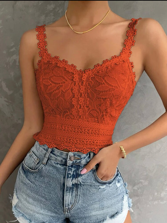 Rust brown Floral appliqués eyelet embroidered frill trim shirred back cami top