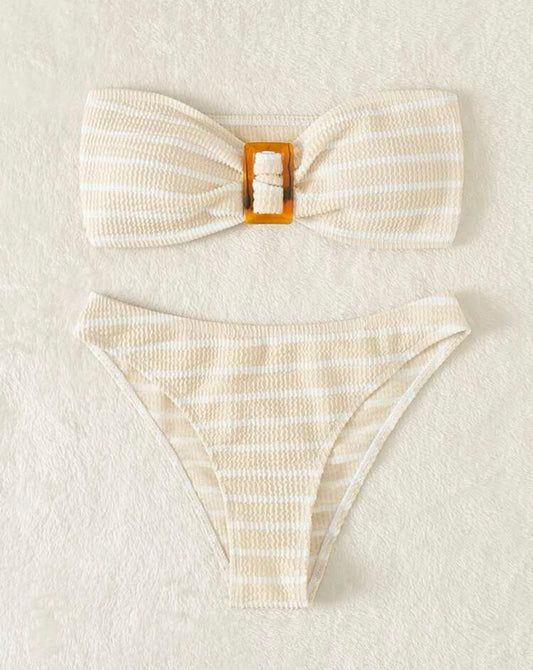 Khaki striped textured bandeau bikini swimsuit