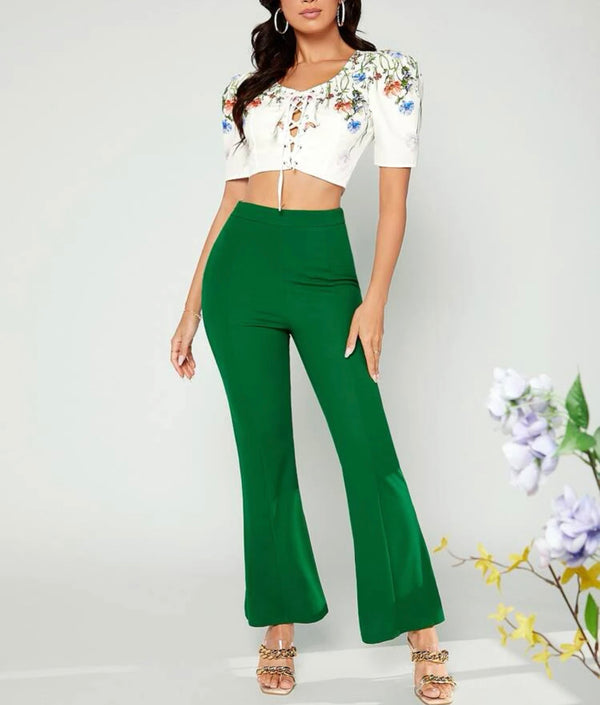 Butterfly & floral print lace up front crop blouse
