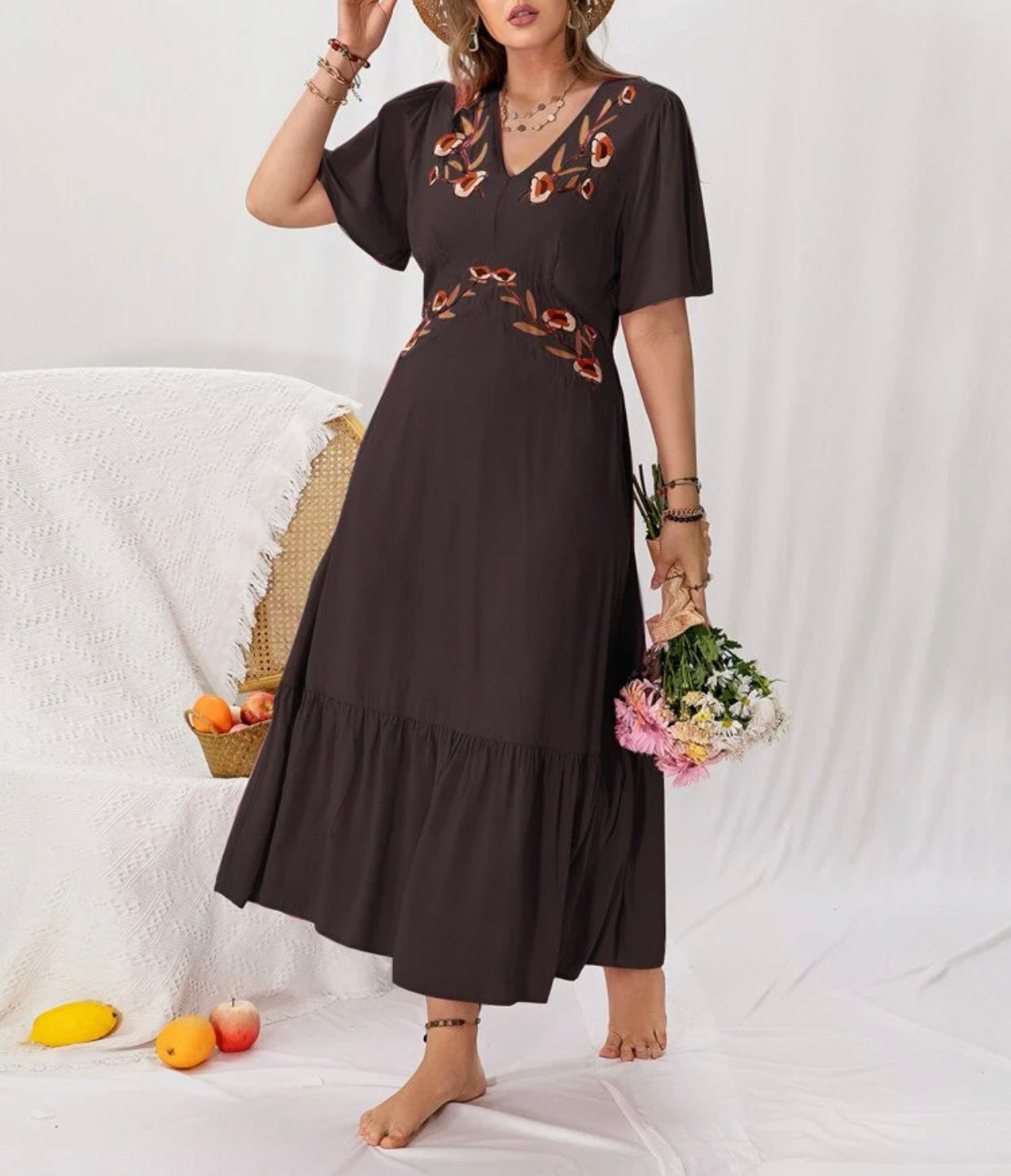 Curve & plus embroidered butterfly sleeve ruffle hem dress