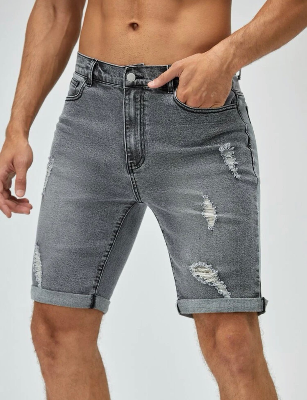Men’s ripped frayed roll hem denim shorts