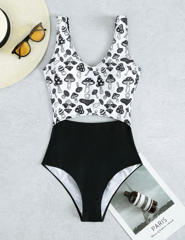 Mushroom print cut-out one piece swimsuit