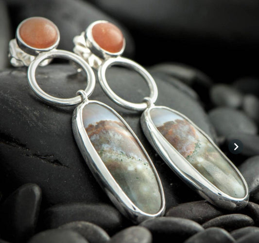 Unique vintage style silver ocean jasper and sunstone dangle earrings. - Christina’s unique boutique LLC