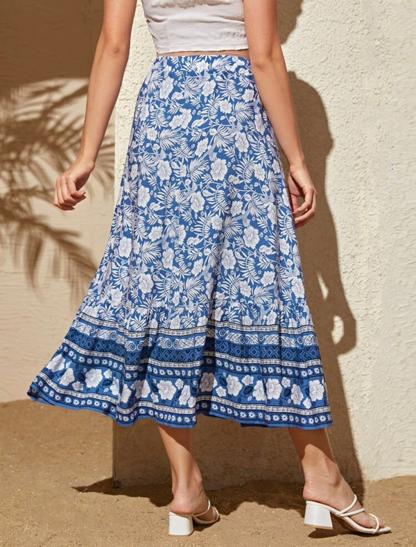 Maternity knot waist high split tropical print skirt
