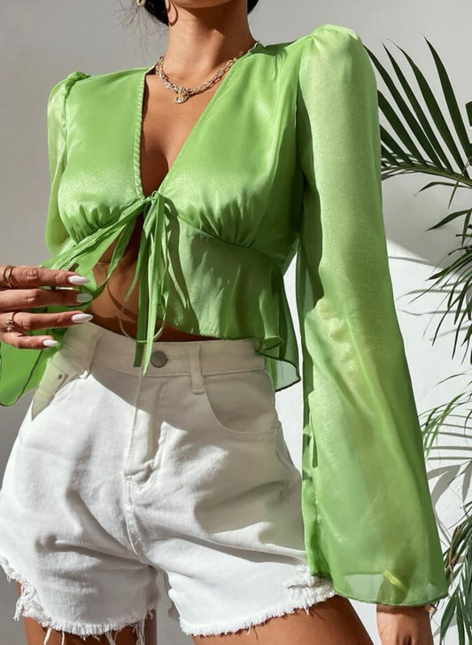 Petite knot front puff sleeve crop peplum blouse