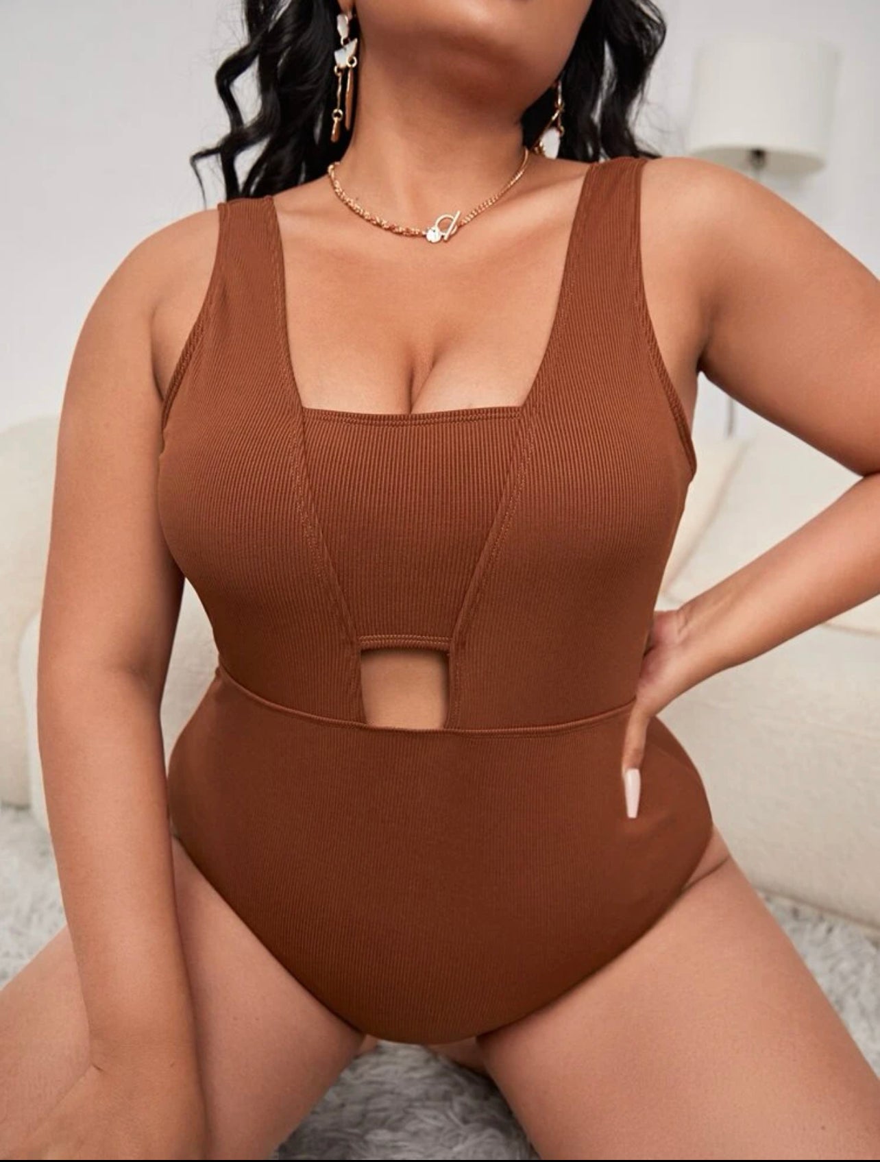 Plus Plain Rib Cut-out One Piece Swimsuit