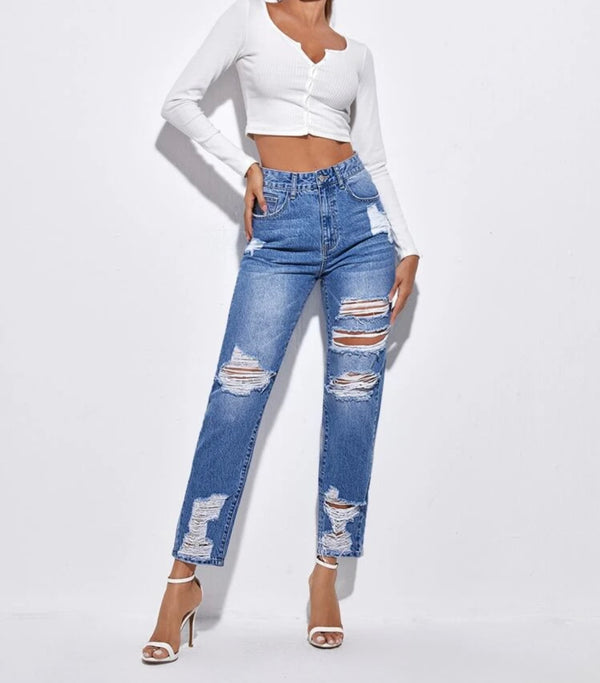 High waisted bleach wash ripped mom jeans
