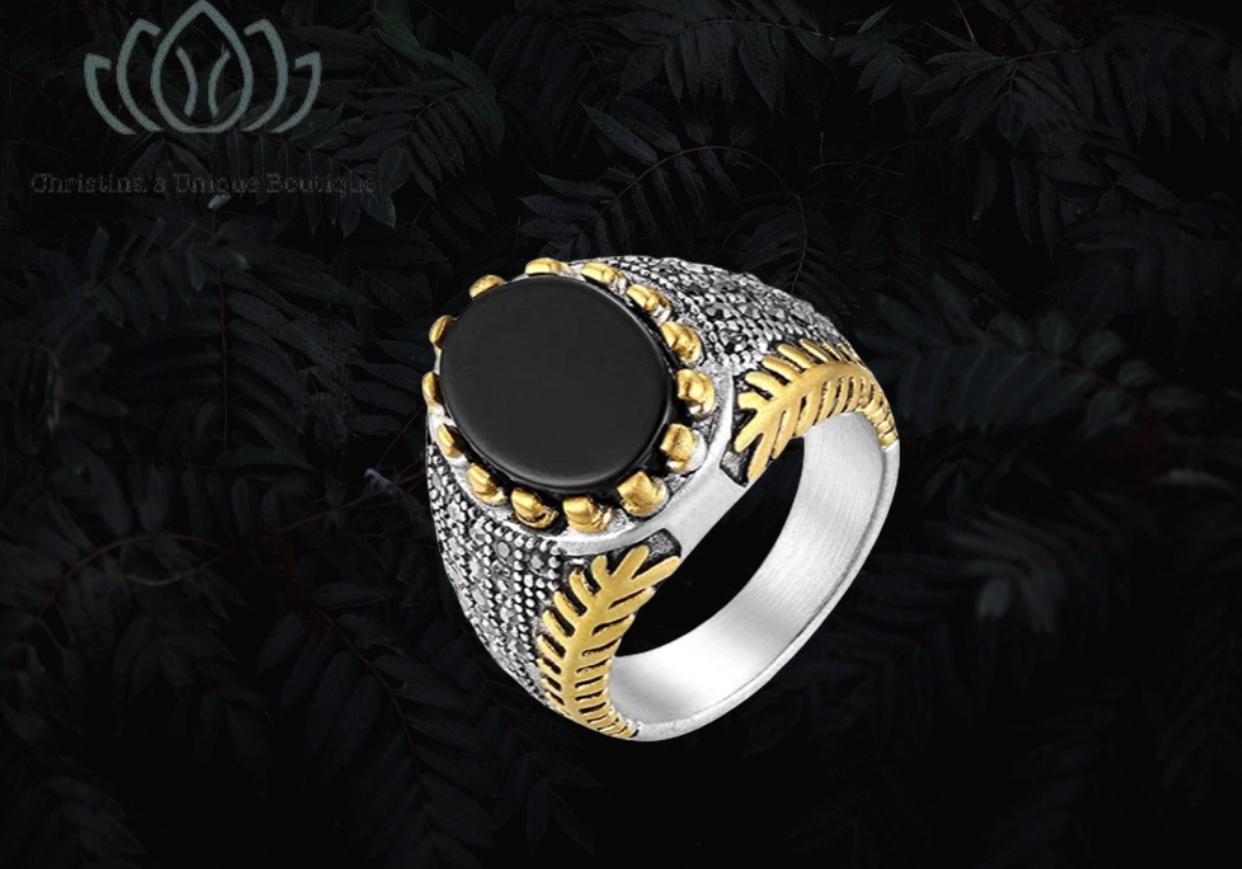 Men’s signet, vintage black onyx stone (inlay). 100% stainless steel. - Christina’s unique boutique LLC