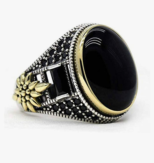 Solid 925 Sterling Silver Ring for Men Onyx Stone Ring Turkish Handmade Agate Silver Luxury Vintage Men's Ring