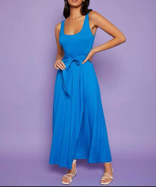 Blue solid belted flowy dress