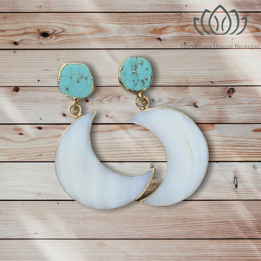 Gorgeous mother of Pearl crescent moon earrings dipped in gold, with raw turquoise. - Christina’s unique boutique LLC