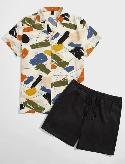 Men Lapel Collar Brush Stroke Print Shirt & Shorts Set