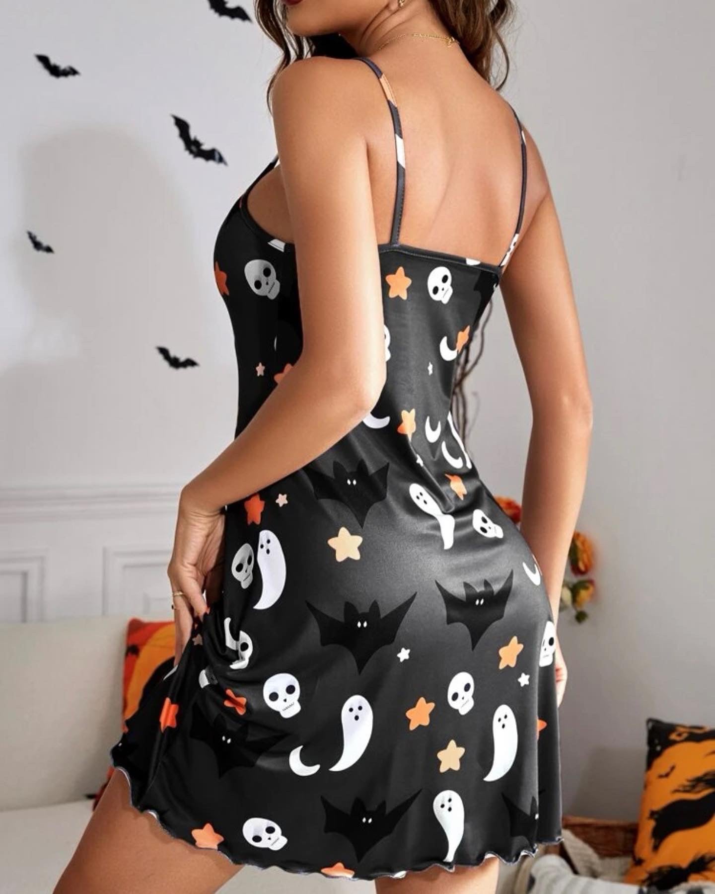 Halloween bat & skull print lettuce trim cami nightdress