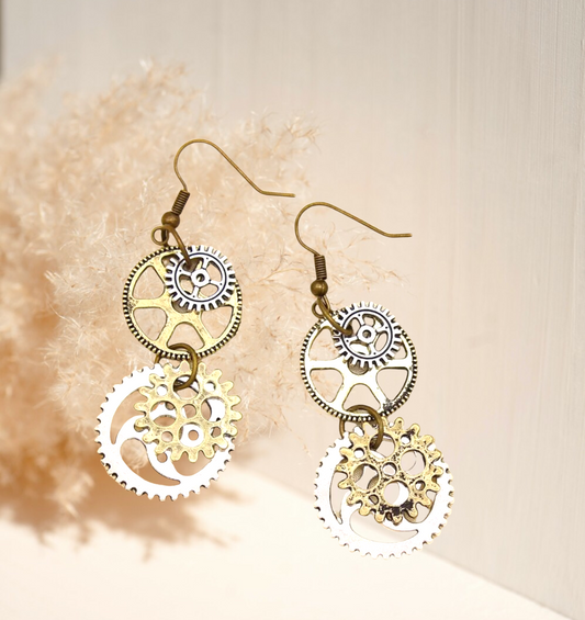 Gear design two tone dangle earrings