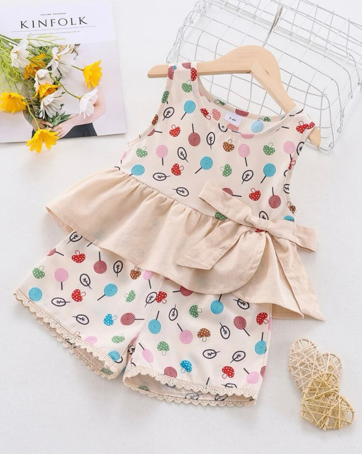 Toddler girls mushroom print bow front peplum tank top & shorts set