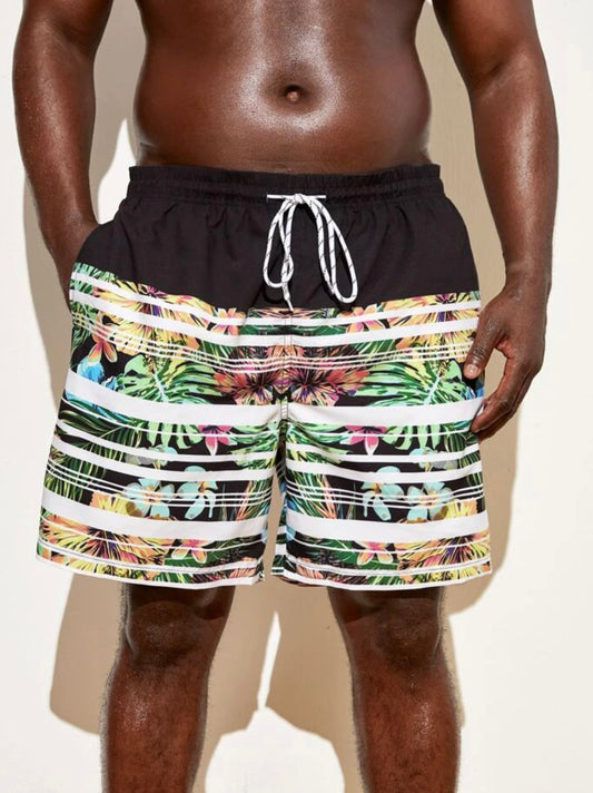 Extended sizes men striped and tropical print drawstring waist trunks