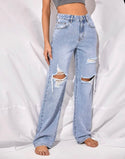 Women’s recycled denim high waisted ripped wide leg jeans