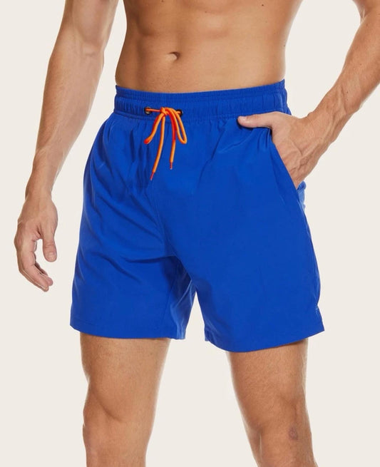 Men’s royal blue drawstring waist phone pocket swim trunks
