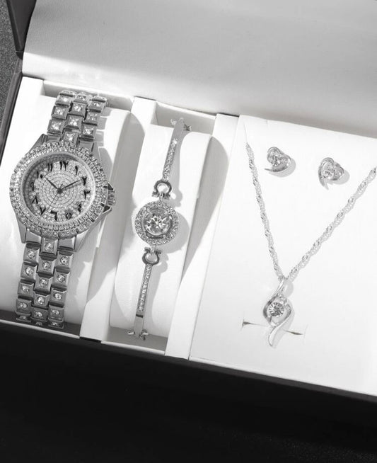 Rhinestone decor round pointer quartz watch & & 4pcs jewelry set