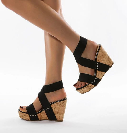 Elastic strap cork wedge sandals