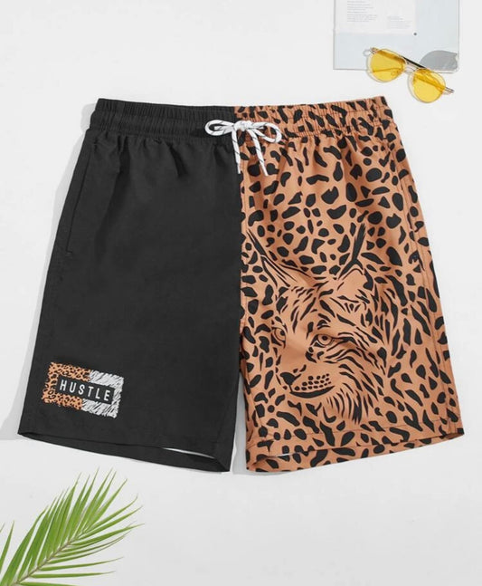 Men’s letter & leopard spliced swim trunks