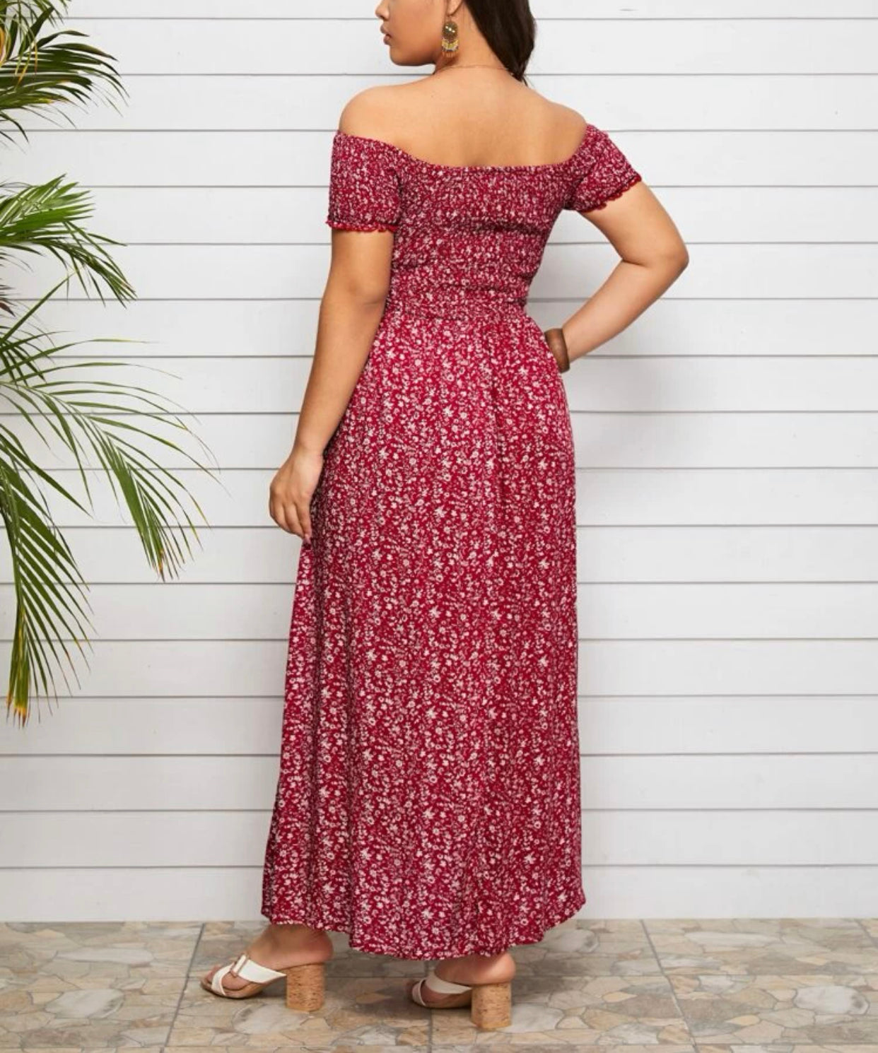 Curve & plus off shoulder shirred split ditsy floral dress