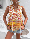 Floral print tie neck sleeveless blouse