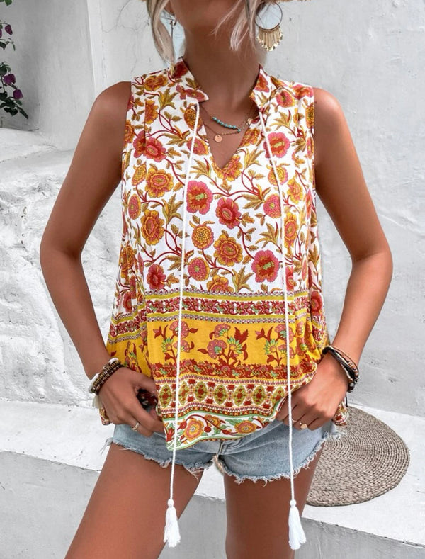 Floral print tie neck sleeveless blouse
