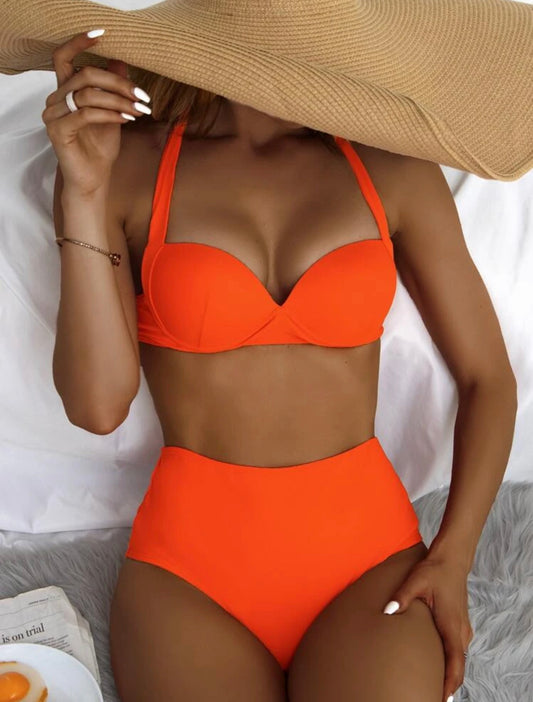 Women’s orange halter high waist push up bikini swimsuit