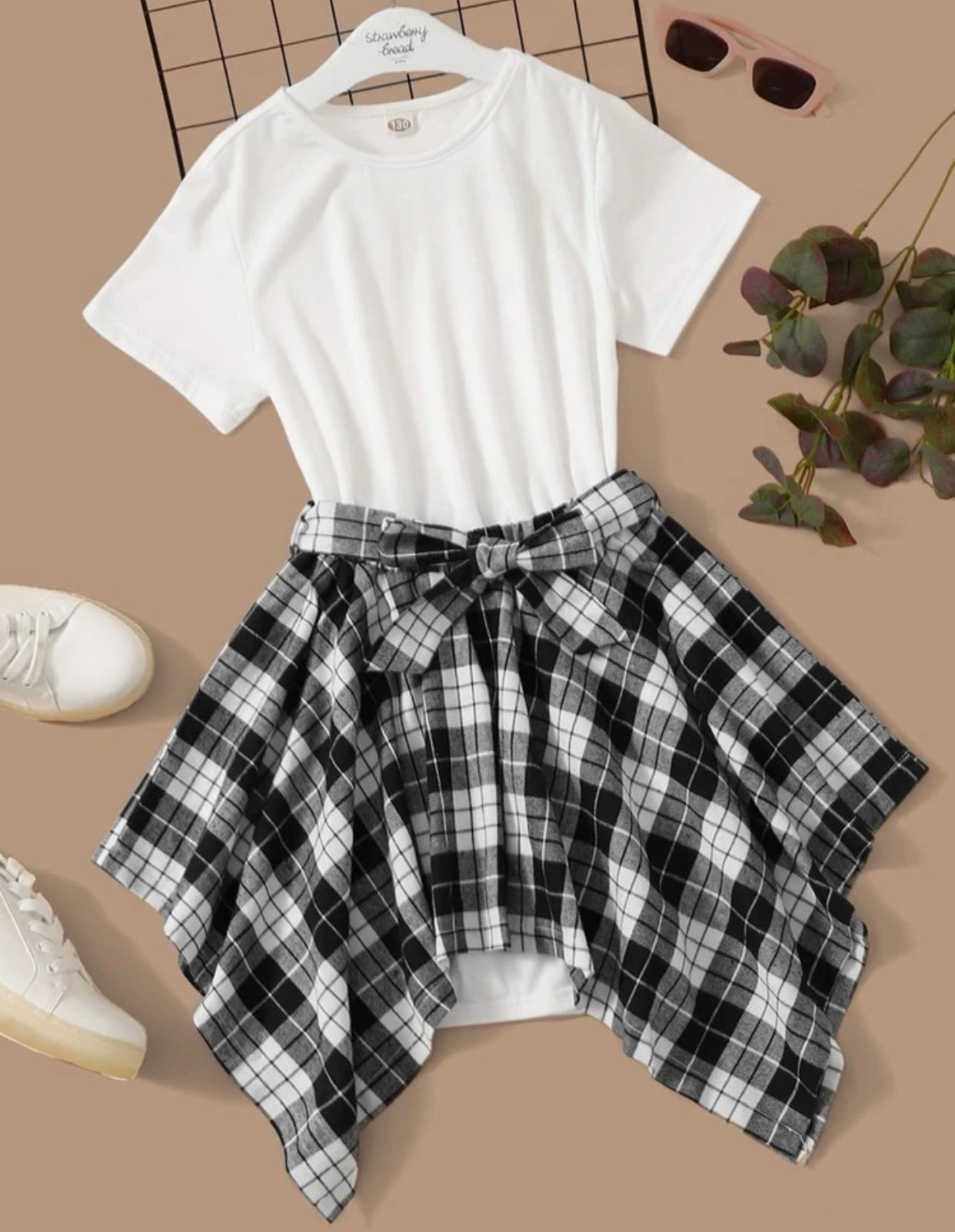 Girls black & white solid tee & plaid belted asymmetric skirt