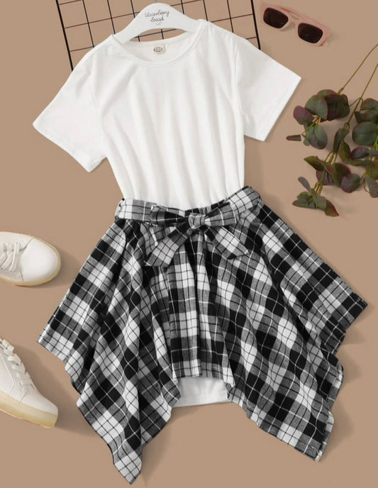 Girls black & white solid tee & plaid belted asymmetric skirt