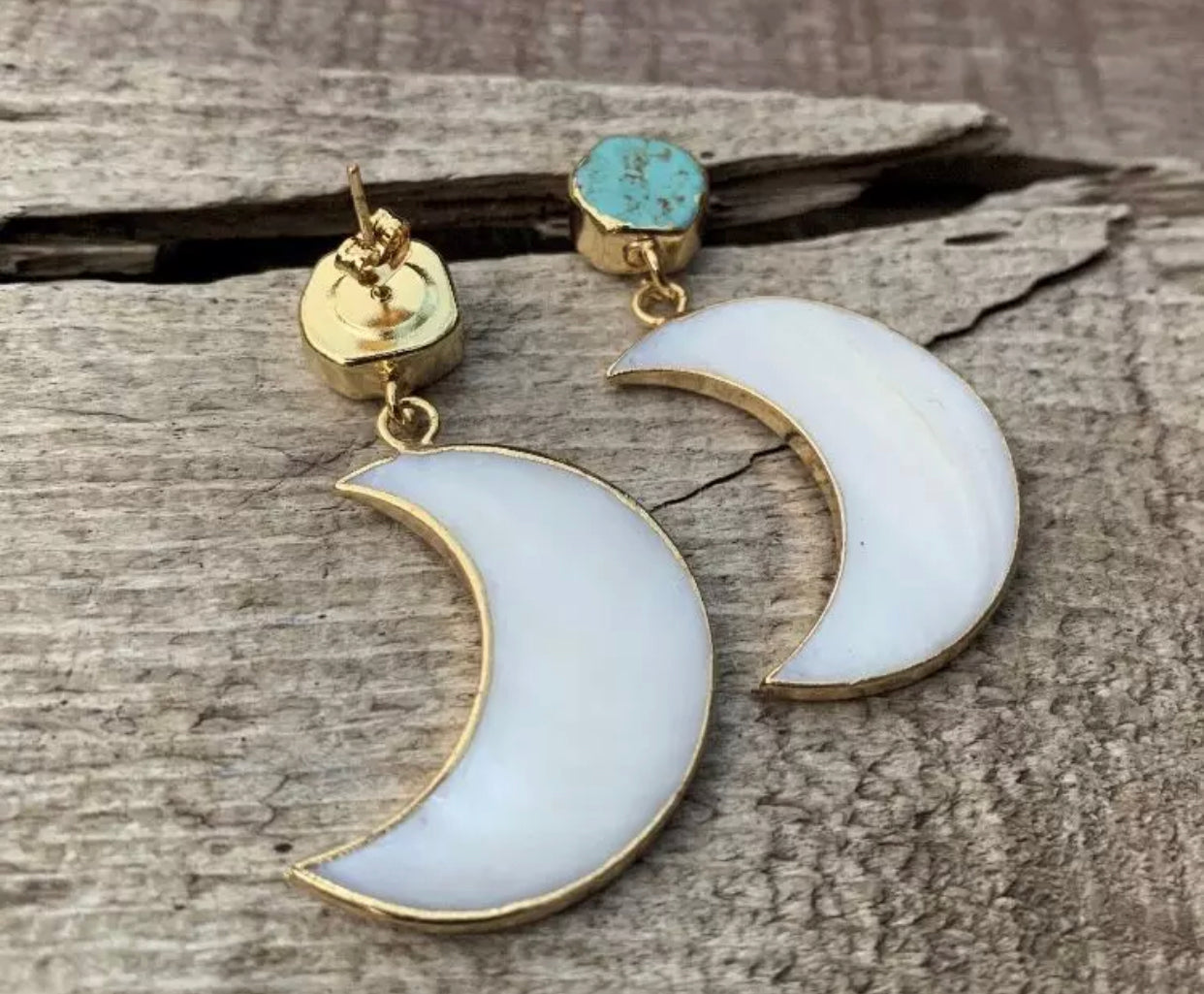 Gorgeous mother of Pearl crescent moon earrings dipped in gold, with raw turquoise. - Christina’s unique boutique LLC