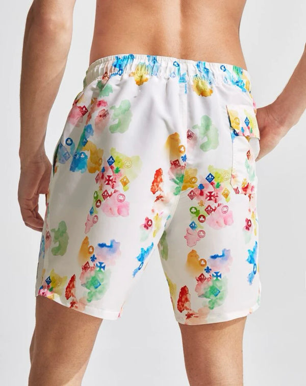 Men’s splash ink & geo print drawstring waist swim trunks