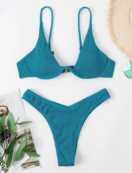 Textured underwire high cut bikini swimsuit