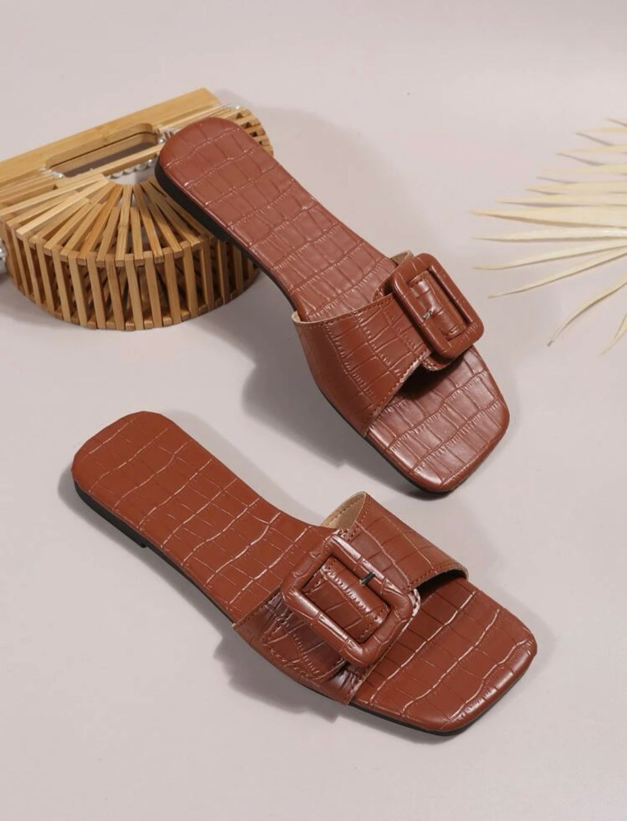 Brown vegan crocodile embossed buckle  decor slide sandals