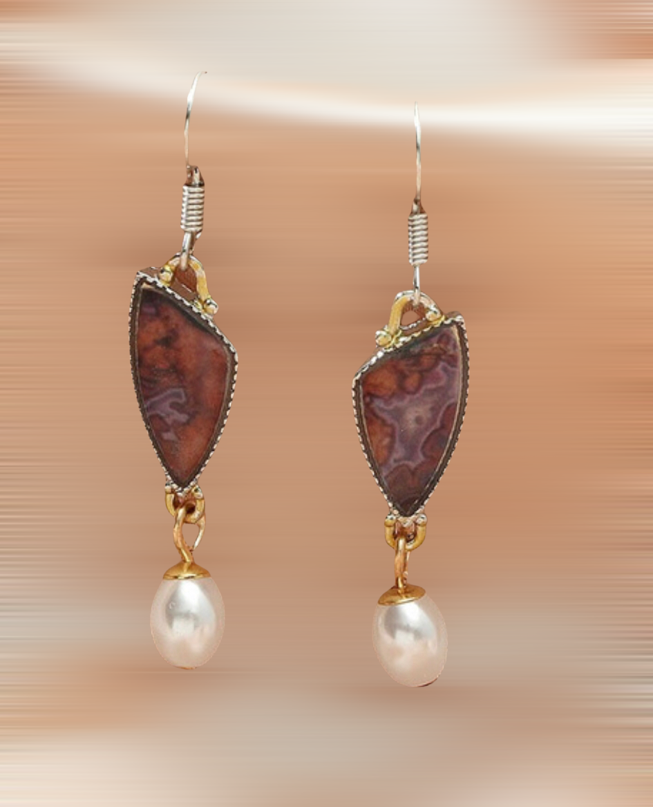 Retro agate inspired geometric Pearl dangle earrings