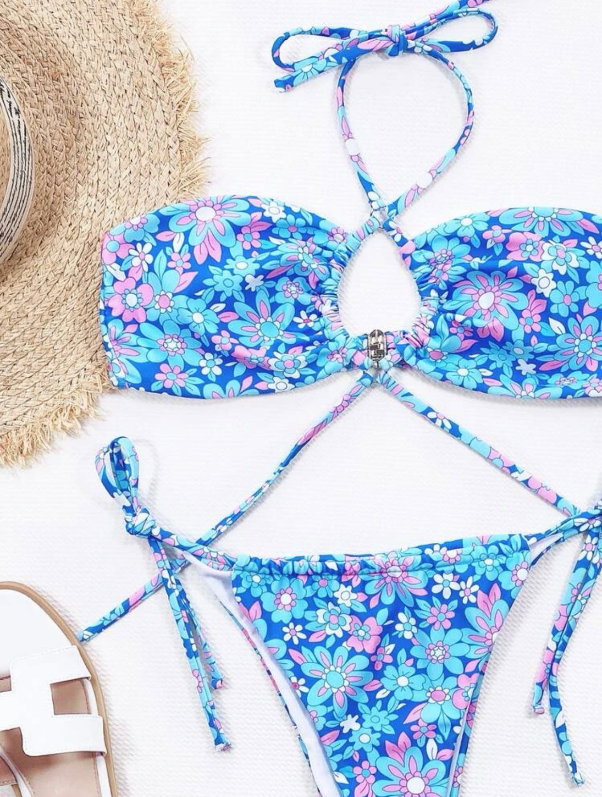 Ditsy floral halter thong bikini swimsuit