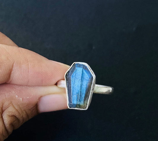Labradorite Coffin Ring, Natural Multi Fire Gemstone Healing Crystal Jewelry, Adjustable Ring, Dainty Women Bezel Ring