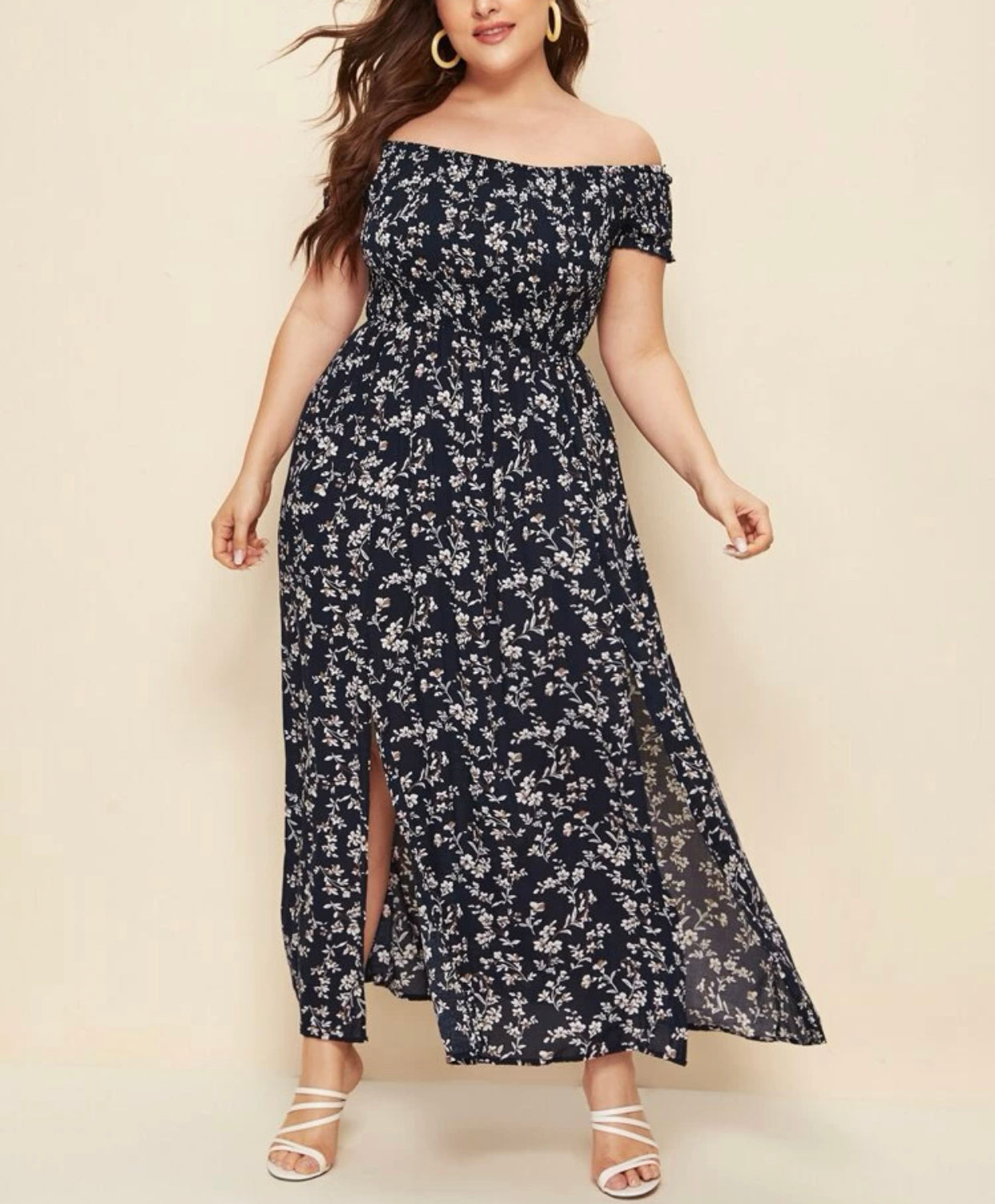 Curve & plus off shoulder shirred split ditsy floral dress
