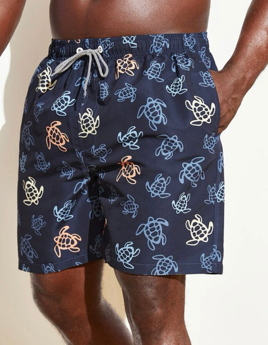 Extended sizes men turtle print drawstring waist swimtrunks