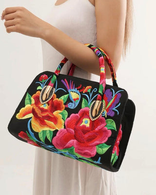 Bird & floral embroidered top handle bag