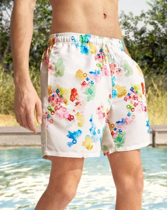 Men’s splash ink & geo print drawstring waist swim trunks