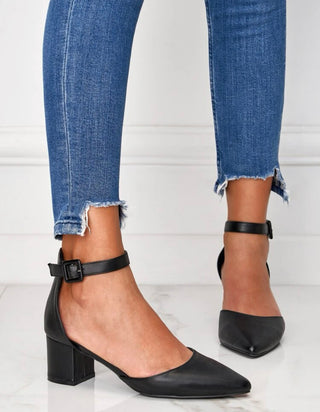Black buckle decor point toe chunky heeled ankle strap pumps