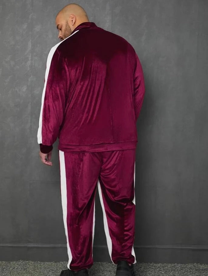 Extended Sizes Men Side Striped Zip Up Velvet Sweatshirt $ Pants