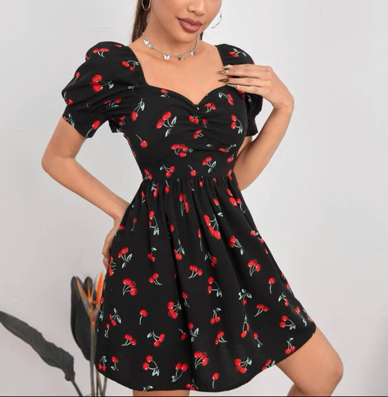 Petite cherry print ruched bust A-line dress