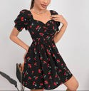 Petite cherry print ruched bust A-line dress